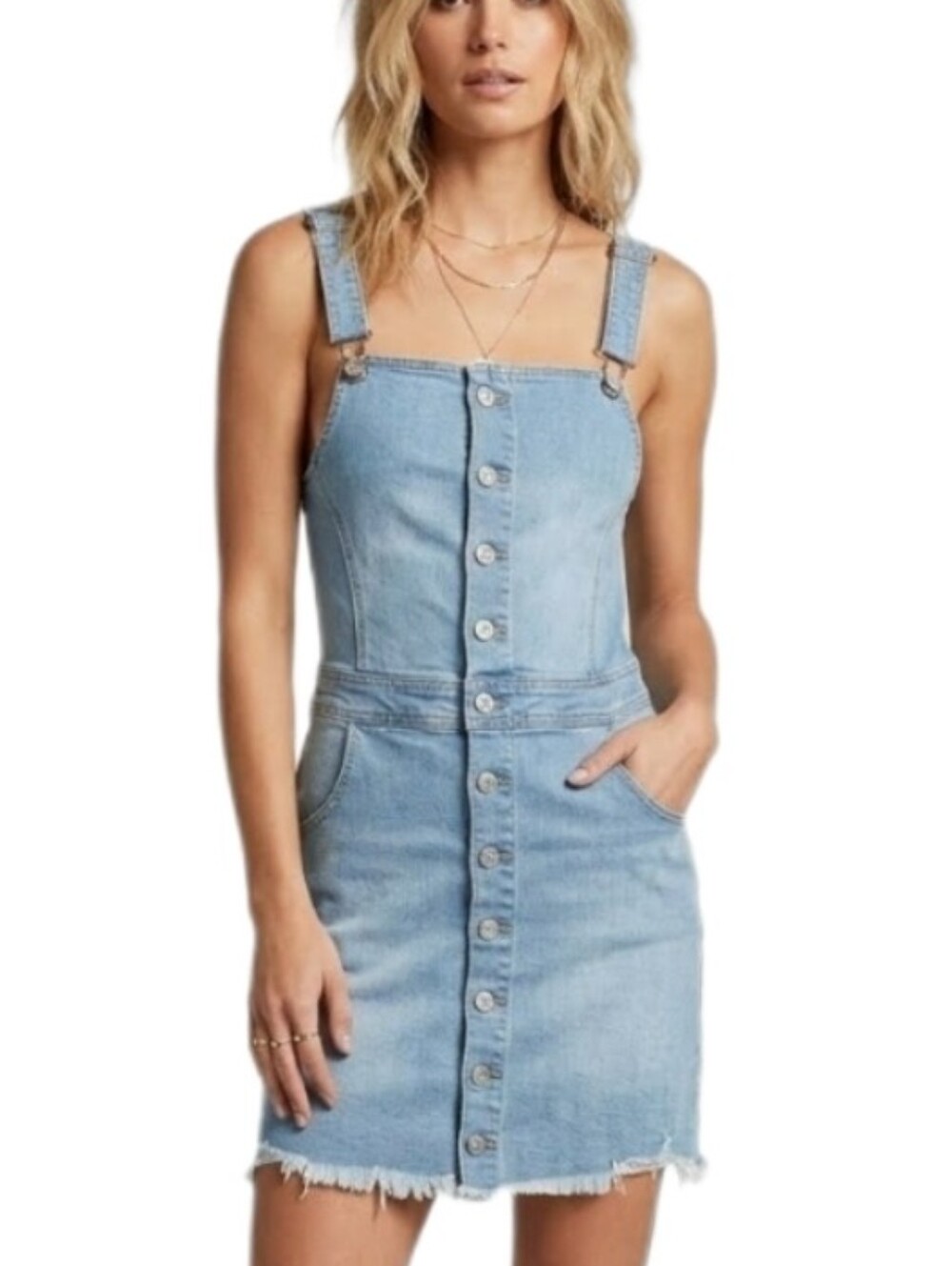 Wax Jean Basic Denim Dress Overalls Button Down Raw Hem Blue Size S Small